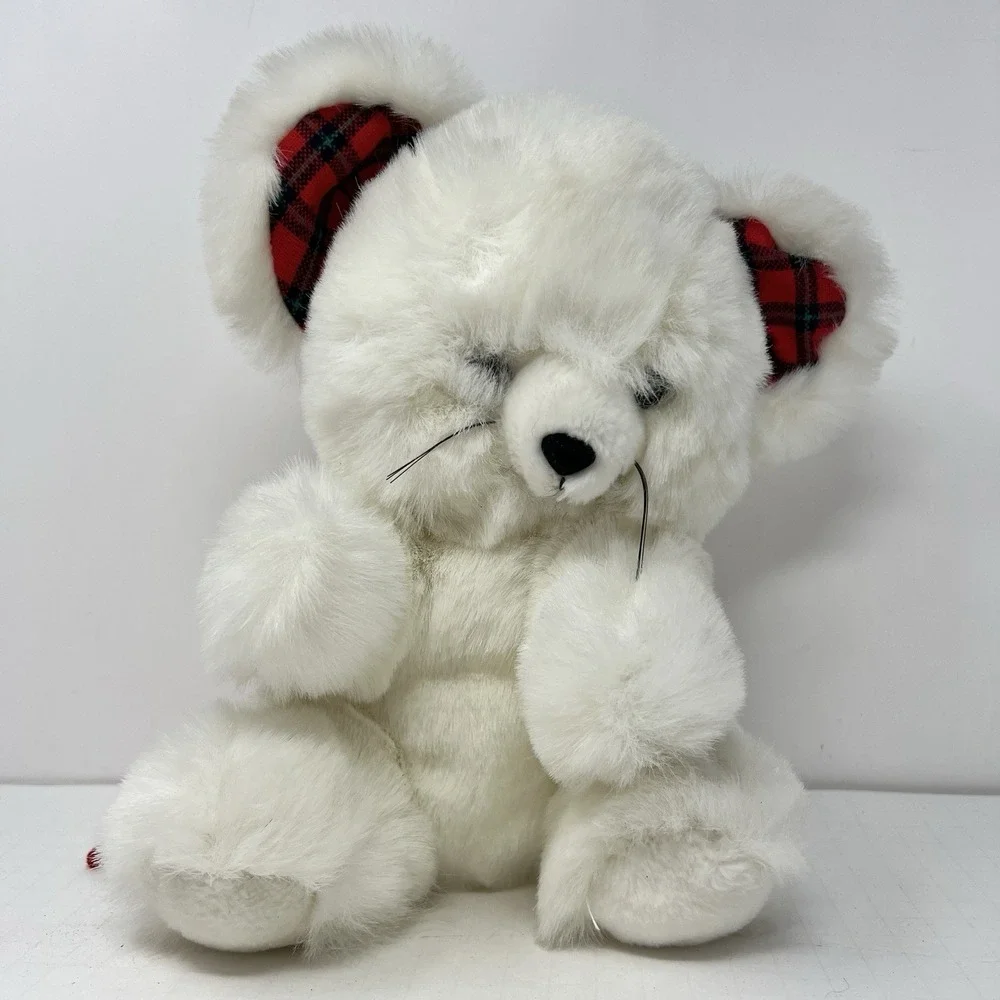 1991 White Mouse Plush 10 Inch Stuffed Animal Plaid Ears‎ World of Smile